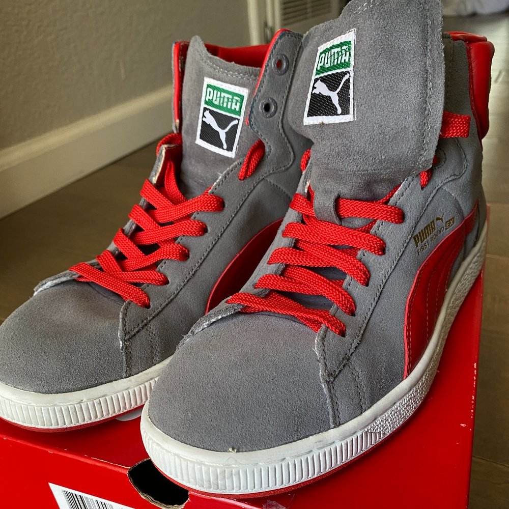 Rare Puma First Round High Tops Steel Grey and Red Mens 8.5